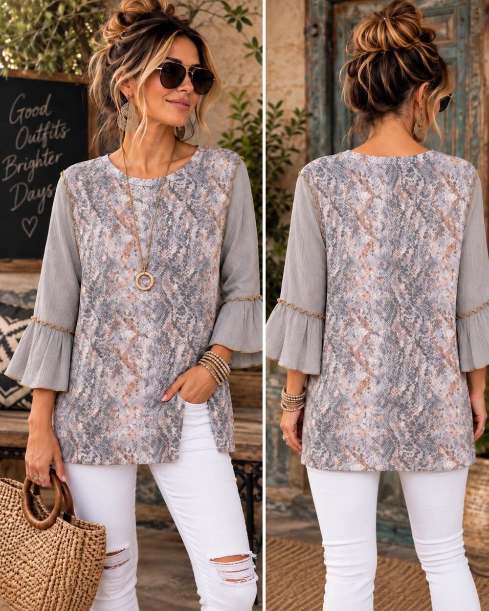Mystree Small Snake Print Bell Sleeve Tunic Top Mixed Media NWT